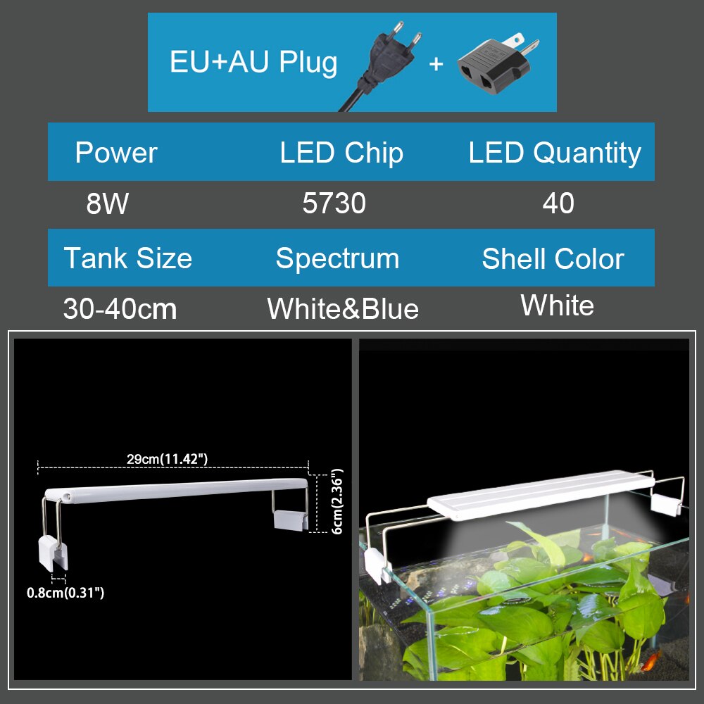 Akvarium led lys utvidbart slankt, dimbart clip-on akvarie lys 5w/6w/8w/10w/11w/13w/16w/20w fisketank led lampe belysning: 8w- eu-au -220v