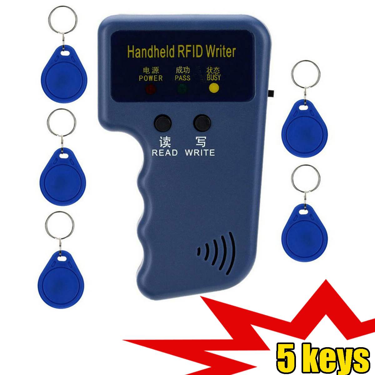 Handheld 125KHz EM4100 TK4100 RFID Copier Writer Duplicator Programmer Reader + 5 Keys EM4305 T5577 Rewritable ID Keyfobs Tags