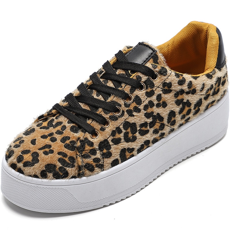 Women Shoes Leopard Trainers Platform Sneakers Mid Heel Round Toe Thick Sole Shoes Lace Up Spring Summer Ladies Sneakers