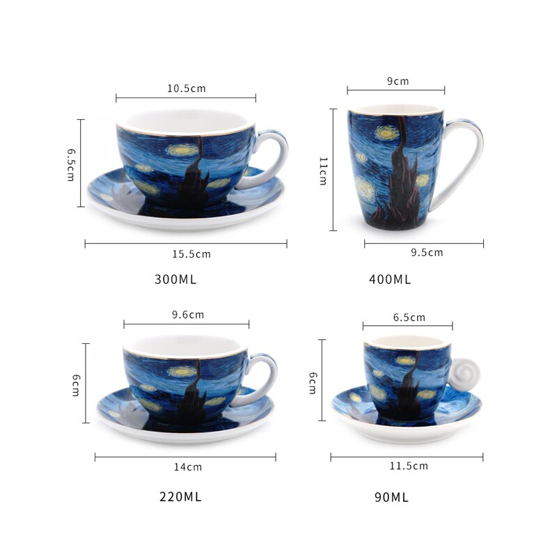 90/220/300/400ML Latte Cappuccino Espresso Mugs Coffe Mugs Set with Spoon Saucer Milk Cup Mug Van Gogh Oil Painting Style Cups