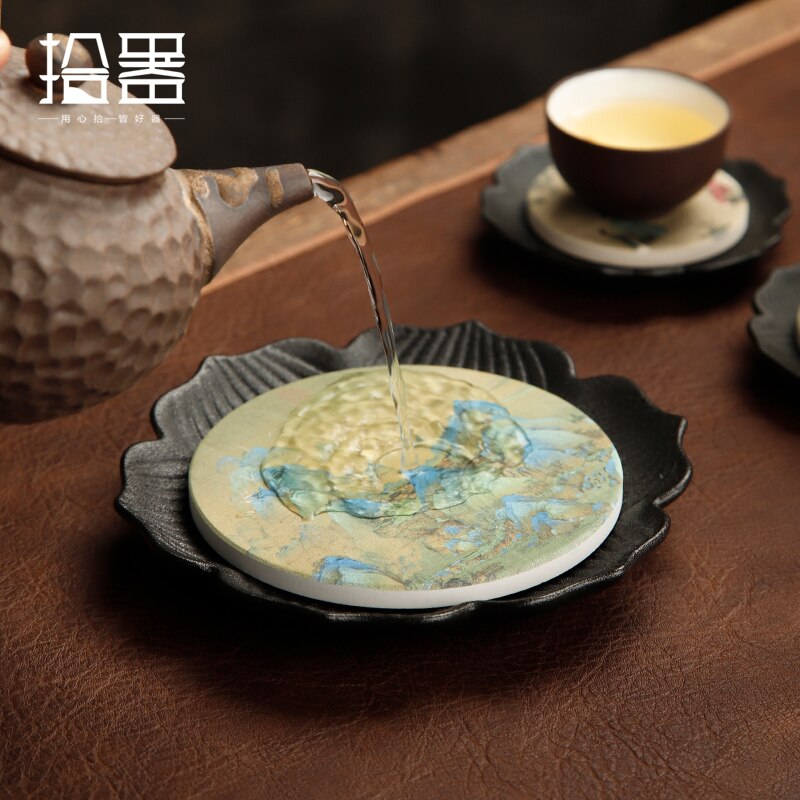 Absorbent ceramic dry brewing table, small tea tray, round lotus, Zen purple clay pot, teapot base, pot holder