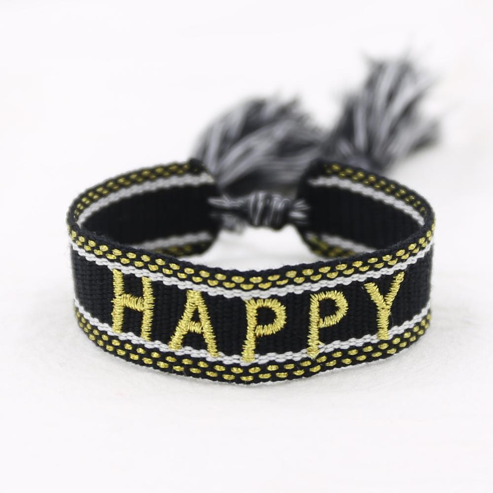 Black Color Letter Printed Braided Bracelet For Women Men Handmade Tassel Bracelet Adjustable Rope Bracelets Couple Jewelry: happy-black