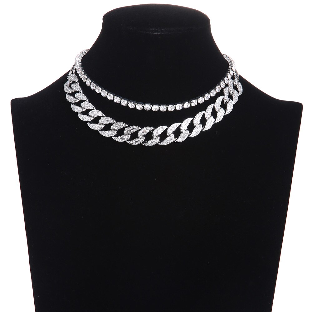 Cubansk link kæde iset ud rhinestone choker kvinder lagdelt halskæde sæt luksus chocker halskæder smykker tilbehør: Sølvfarvet