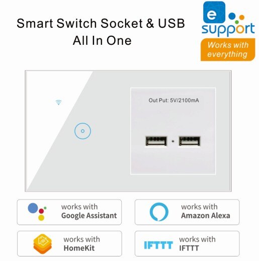 2 In 1 Wall Smart Switch Socket Tempered Glass Touching Button Wall Smart Light Controlling Panel: white / 1-Gang