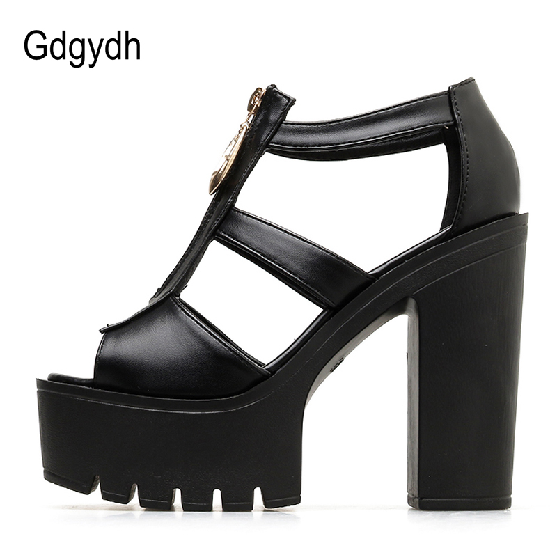 Gdgydh bout ouvert dames sandales bloqué talon fermeture éclair été chaussures femme plate-forme couverture talons noir directe