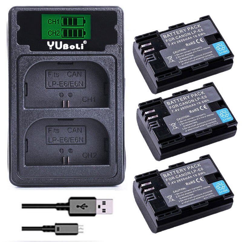 4x2650mAh Li-ion Battery LP-E6 LP-E6N lpe6 LP E6 E6N Batteries for Canon LP-E6 EOS 5DS 5D Mark II Mark III 6D 7D 60D 60Da 70D: charger and 3battery