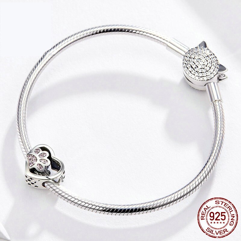 Colgante de Plata de Ley 925 con forma de corazón pata de perro, Rosa cuentas finas de esmalte, apto para Pulsera Original de 3mm, joyería 925