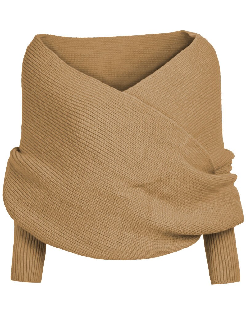 Kms Sexy Winter Warme Zachte Breiwol Lange Mouwen Wrap Shawl Effen Zwart Grijs Beige Rood Voor Vrouwen 200*42Cm: CAMEL
