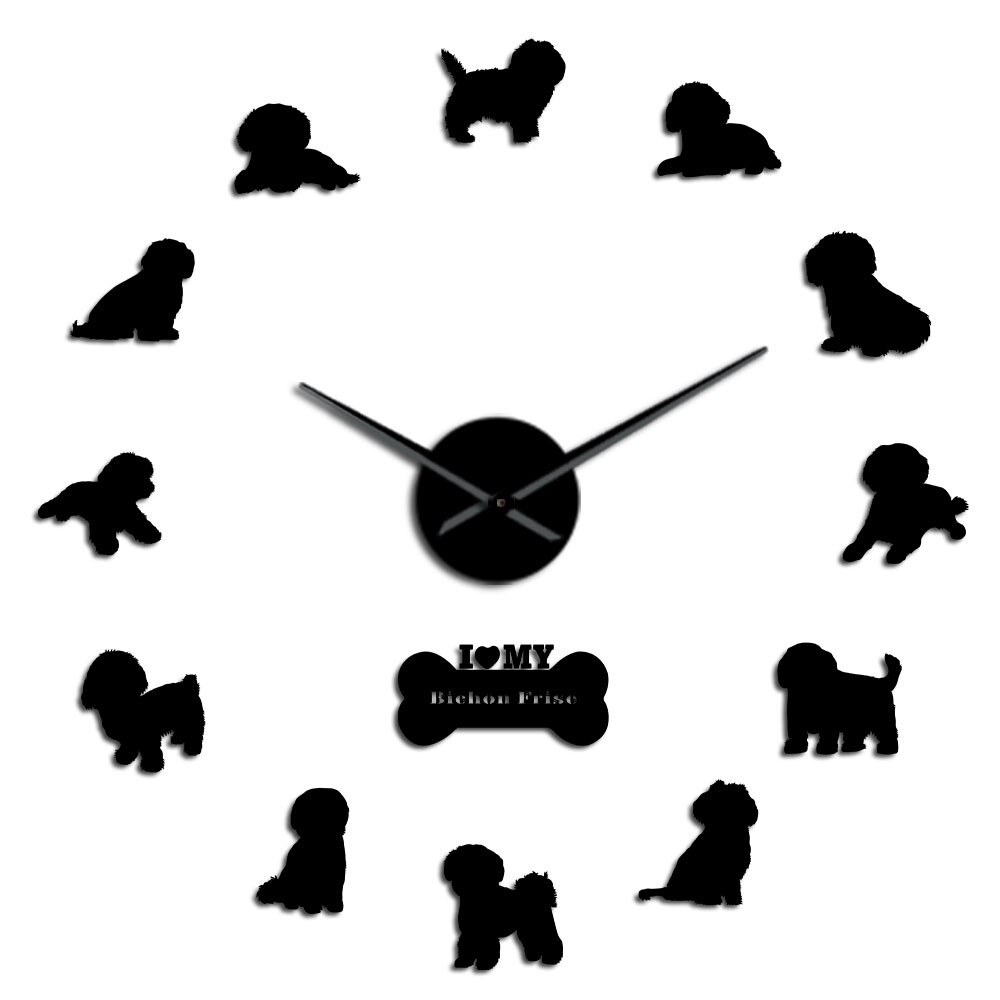 Bichon Frise Dog Breed Pug DIY Wall Clock Modern Wall Watches Animal Pet Decorative Large Big Clock Wall Sticker 3D Clock: Black / 37inch