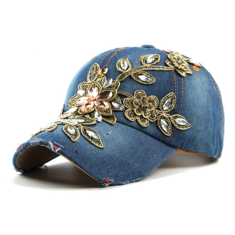 Denim rhinestone kvinders baseball cap vintage luksus blomstermønster gorras kvindelig glas diamant hat: 4