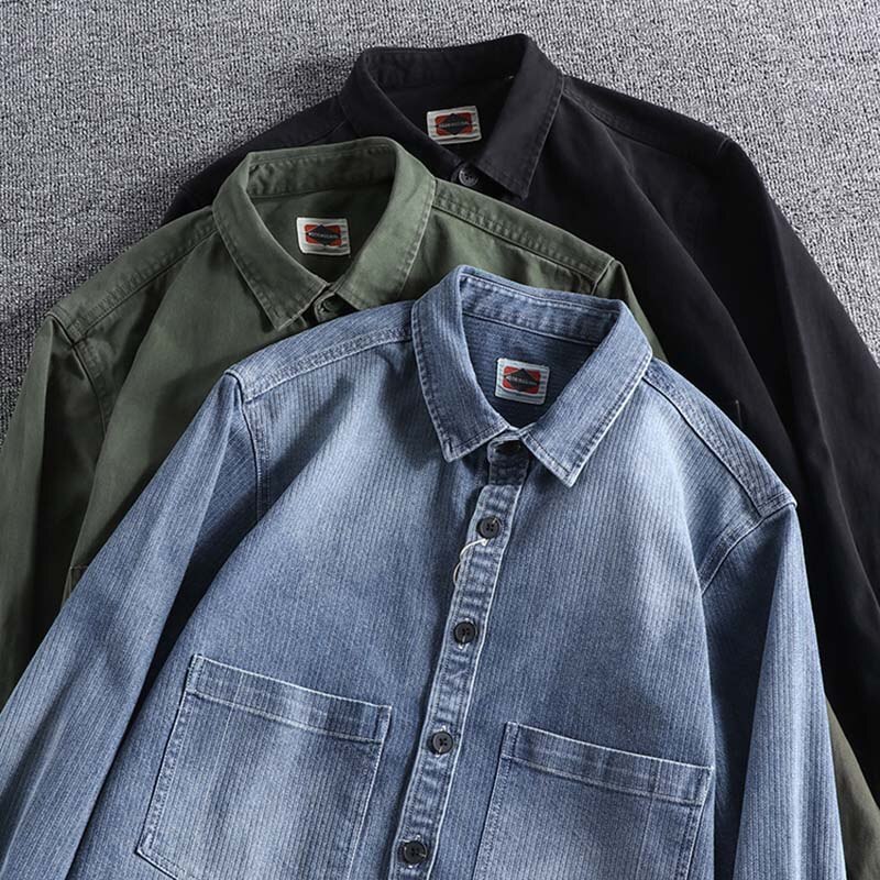 Chemise à manches longues en denim extensible slim pour homme, tendance japonaise, joli garçon, avec poche, manteau fin  on 0391