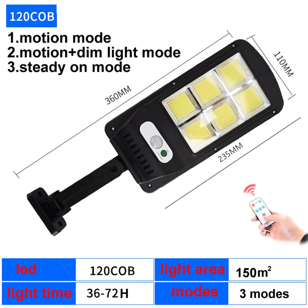 Lampe solaire avec détecteur de mouvement, 120 led, pour jardin, rue, chemin, éclairage de sécurité, 3 modes, télécommande rotative