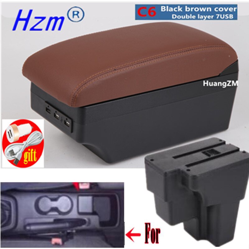 For KIA RIO Armrest For Europe South America Retrofit parts Car Armrest box Center Storage car accessories USB: C6 Black brown cover