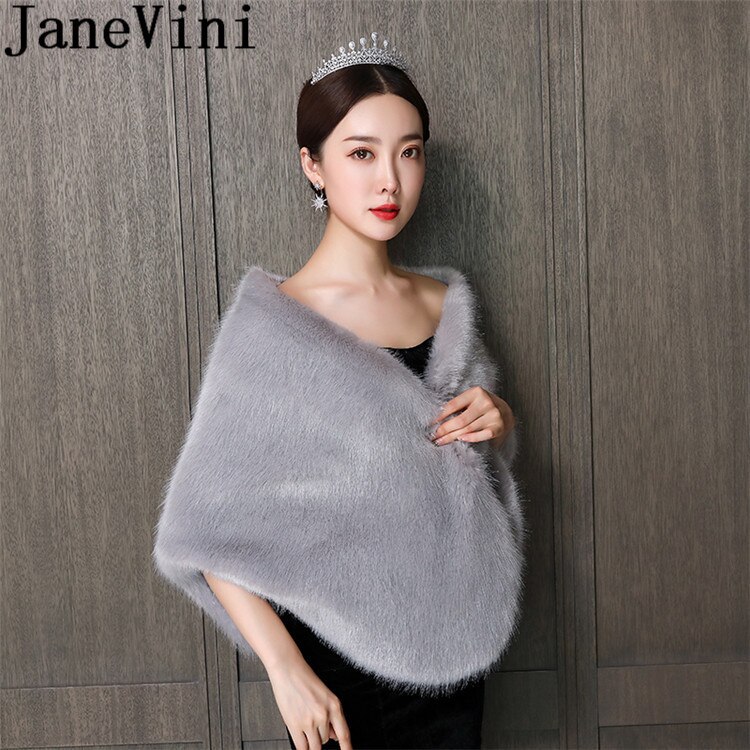 JaneVini Gray Fur Bridal Cape Women Bolero Femme Winter Wedding Dress Shrugs Shoulder Wraps Bride Faux Fur Shawls Stoles