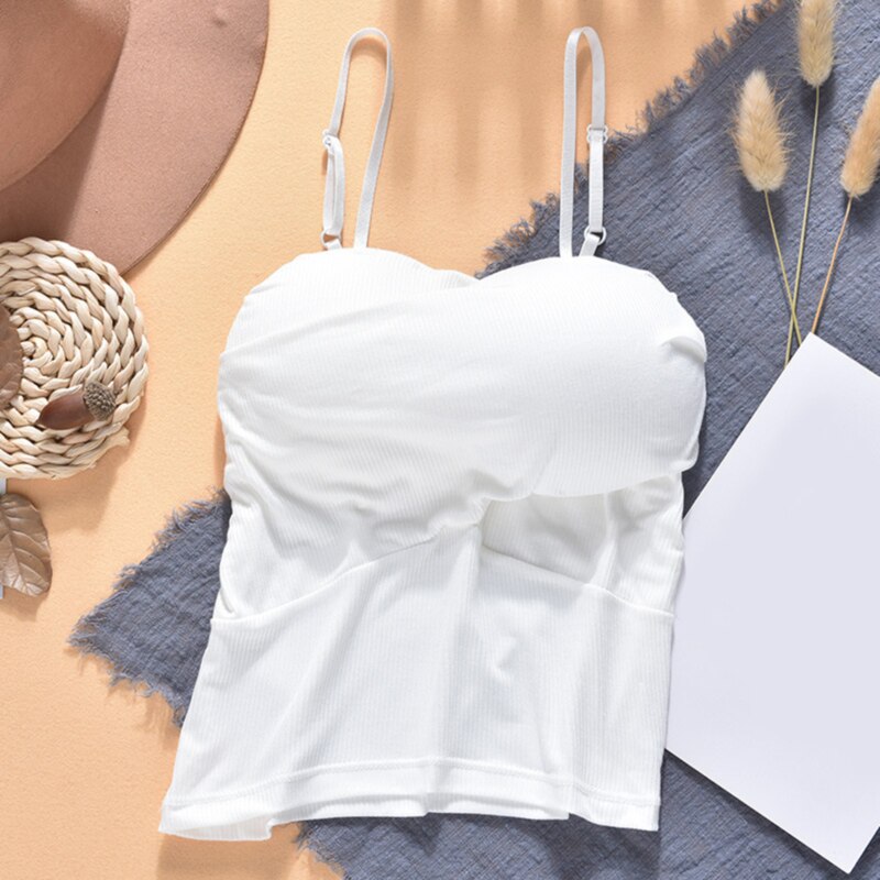 Sexig kvinnaväst sommar enfärgad slimmad crop top ärmlös sele kort stötsäker push-up väst för kvinnor: Vit