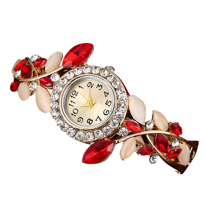 Luksus rhinestone armbåndsur kvinder krystal blad form armbånd ure guld quartz ure: R