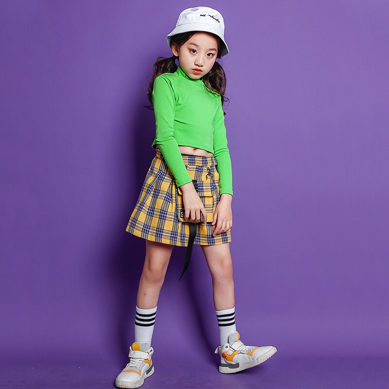 Kids Ballroom Hip Hop outfits Sweatshirt plaid Skirt dancing clothing Girls carnival Jazz Dance Costume Clothes Stage Wear