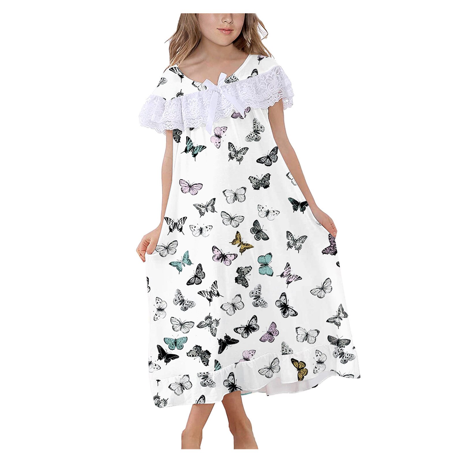 Girls Nightdress Short Sleeve Cute Princess Lace Cotton Sleep Dress Soft And Comfortable Breathable With Zipper On The Back