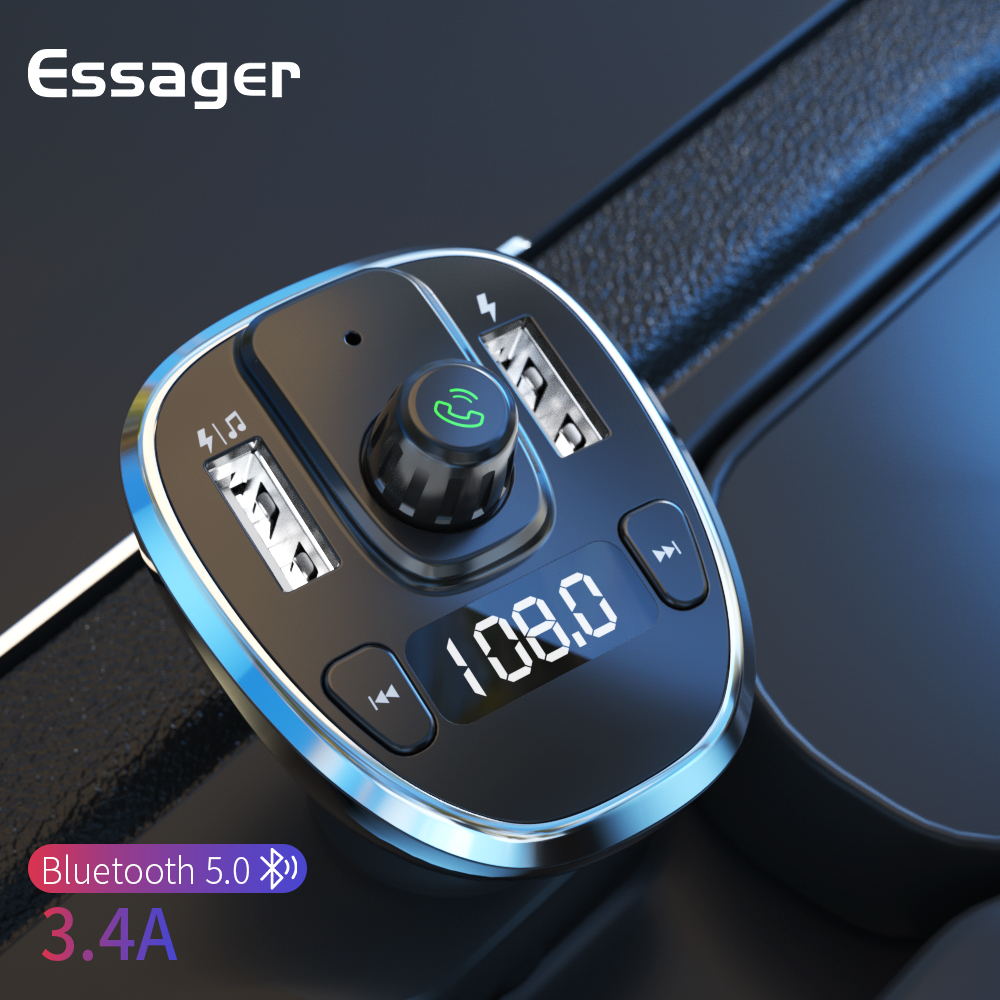 Essager Usb Auto Oplader Voor Mobiele Telefoon Bluetooth 5.0 Fm-zender Draadloze Handsfree MP3 Speler 3.4A Dual Usb Fast Charger
