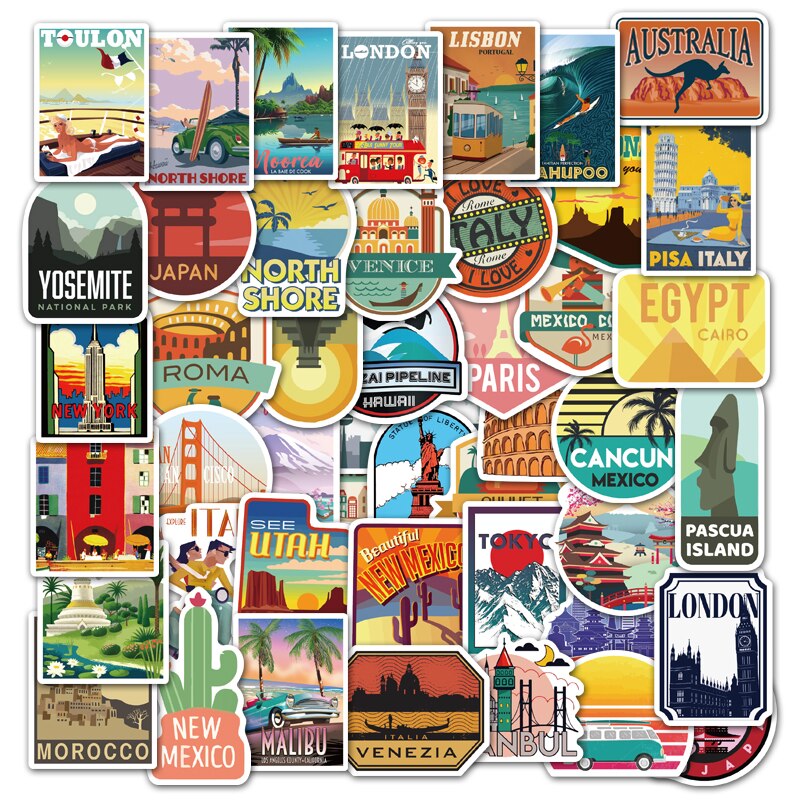 10/25/50PCS Global Travel City Landscape Stickers Decal Vinyl for Suitcase Skateboard Laptop Guitar Sticker