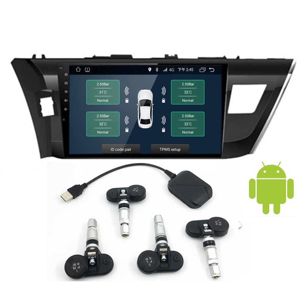 Usb android tpms bildæk overvågningssystem display 4 interne eksterne sensorer android navigation dæktryk alarm