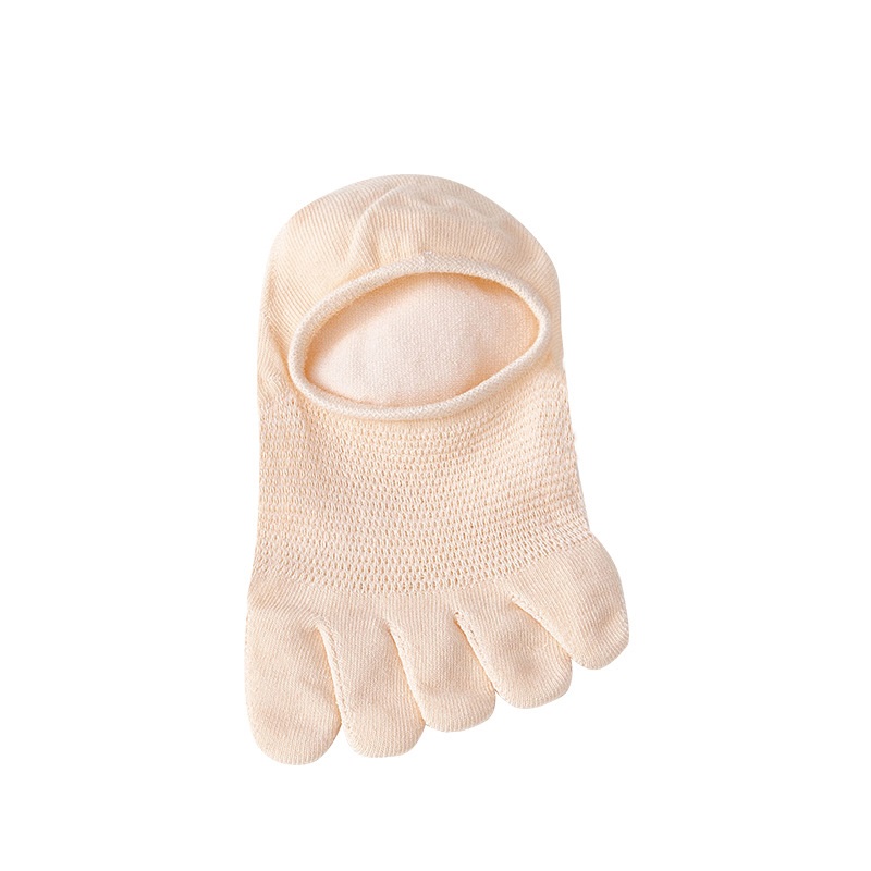 Five finger socks Summer thin breathable hollow solid color cute Japanese invisible boat socks Split toe female socks: Khaki