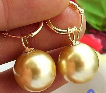 HUGE 16MM GOLD ROUND SOUTH SEA SHELL PEARL EARRING >Lovely Fine Nobility Lady's Women's Earrings