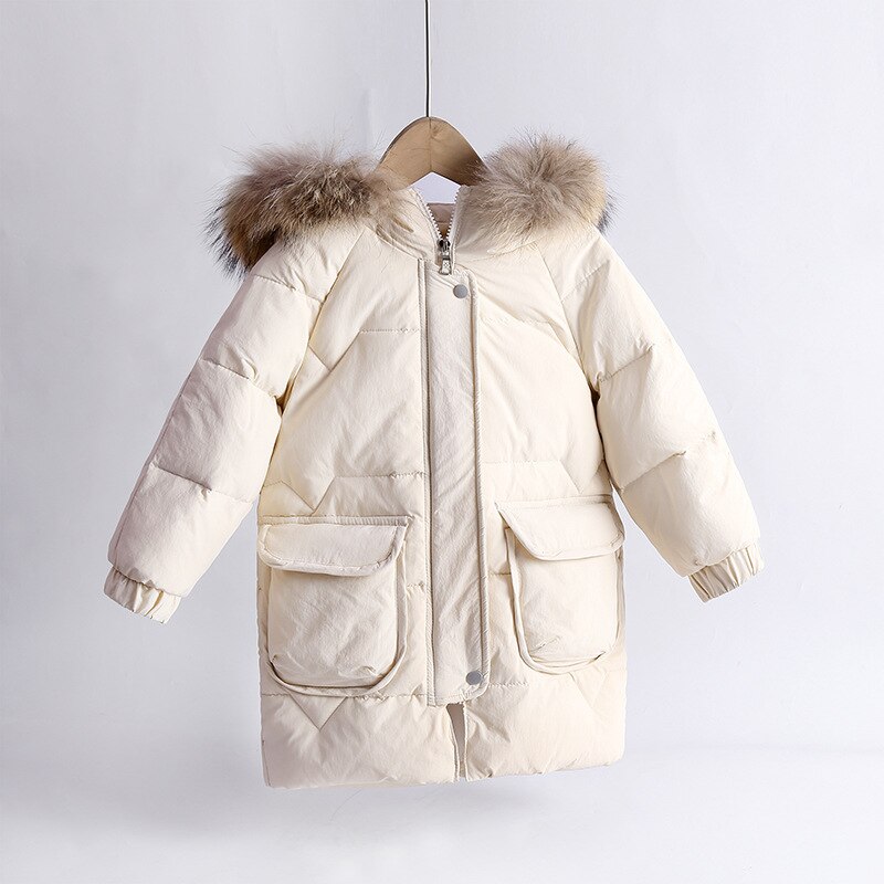 Winter kinder donsjack kinderen halflange dikke jassen jongens & meisjes bovenkleding baby's koreaanse stijl bontkraag kleding: Beige / 4t