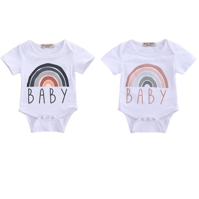 Rainbow Bodysuit Toddler Baby Boys Girls White Cotton Bodysuit Short Sleeve Letter Print Bodysuit Outfits