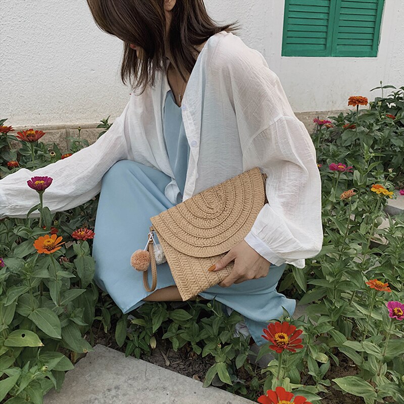 Décontracté gland paille pochettes pour femmes wikcer tissé épaule bandoulière sacs rotin été plage sacs à main dame petits fourre-tout