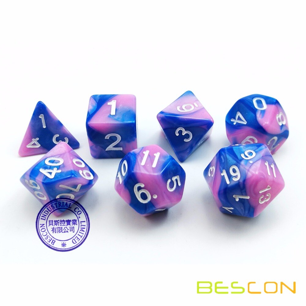 Bescon Gemini Polyhedral Dice Set Myosotis, Two-tone RPG Dice Set of 7 d4 d6 d8 d10 d12 d20 d% Brick Box Pack