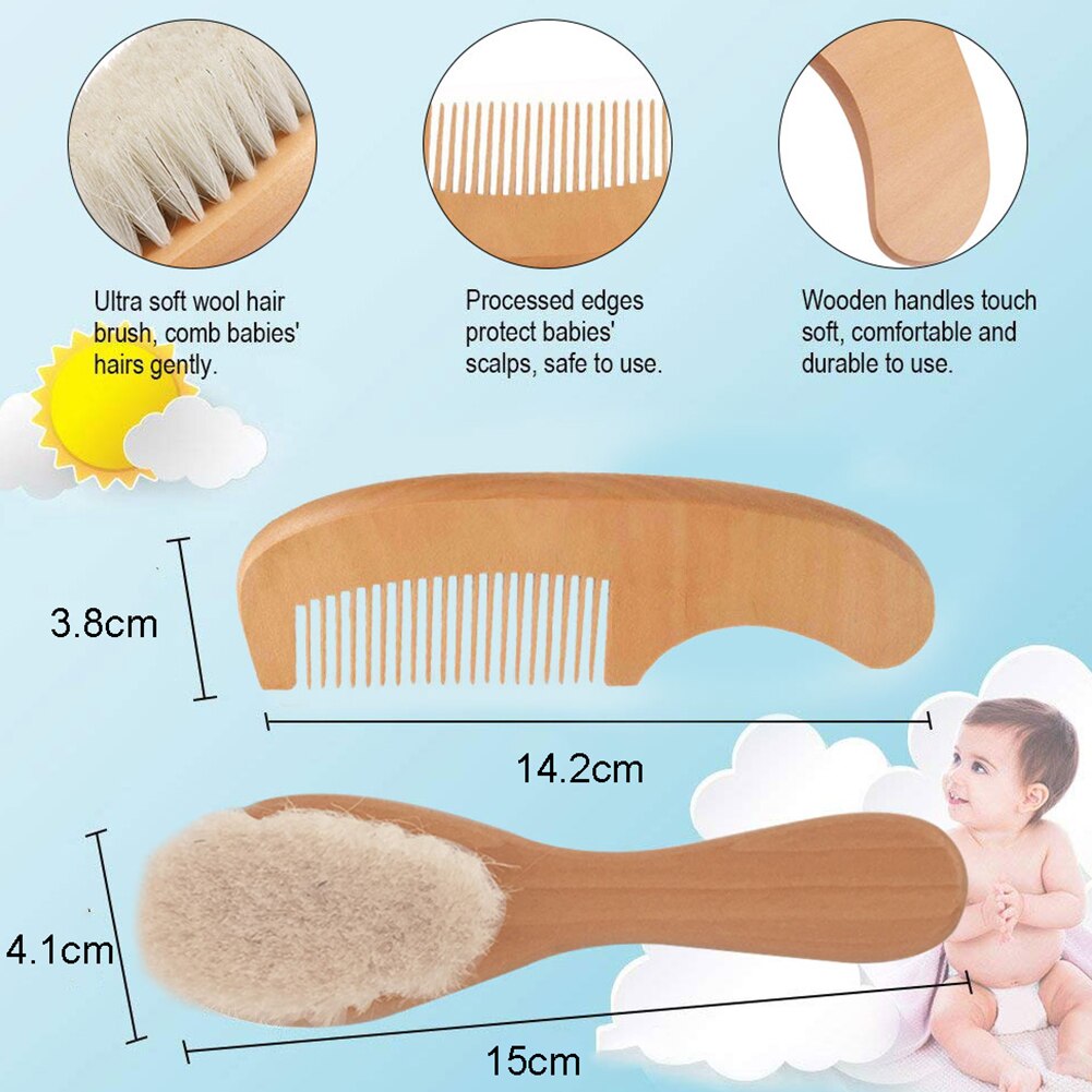 2 stk / sæt træ baby sikkerhedskam uld hårbørste pleje massage plejeværktøj