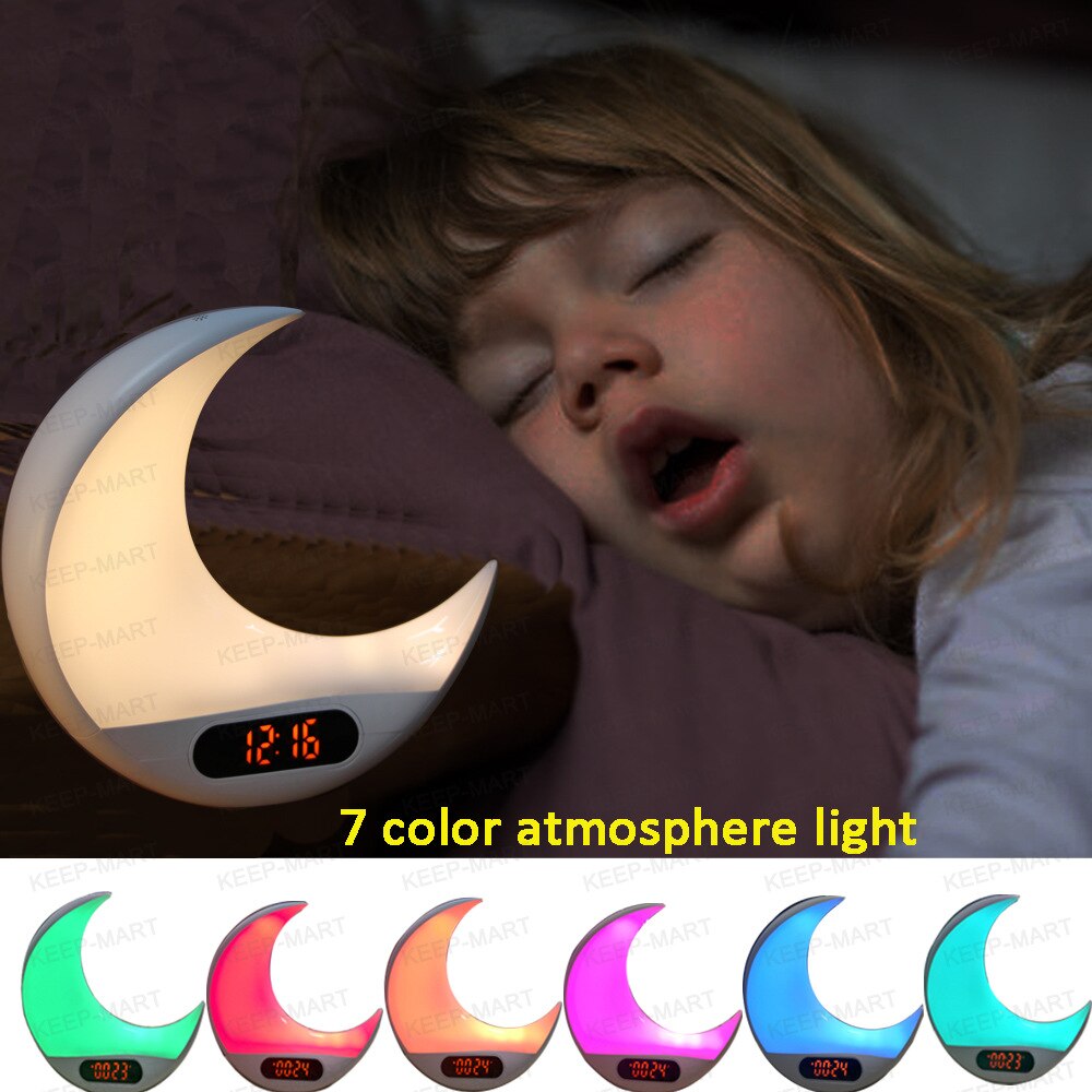 Moon Digital Alarm Clock Wake Up Light LED Lamp Electronic Desk Clock Simulating Sunrise/Sunset Colorful Light with FM Radio