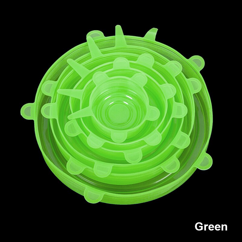 6 Pcs Reusable Food Packaging Cover Silicon Food Fresh-Keep Sealing Cap Vacuum Stretch Silicone Lids Kitchen Silicone Cover: green  6PCS