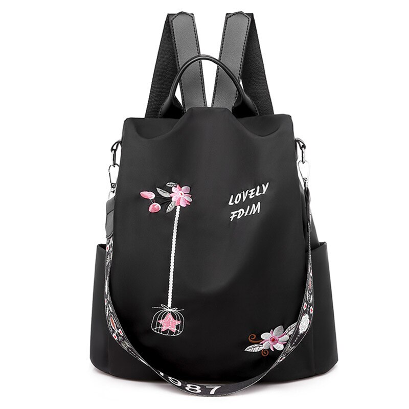 Oxford Vrouwen Rugzak Elegante Bloemen Borduren Schooltassen Waterdicht Vrouwelijke Rugzakken Tienermeisjes: Black