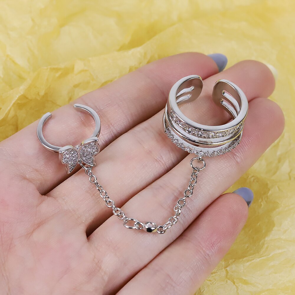 Double Finger Chain Rings for Women Alloy Adjustable Open Finger Ring Party Trend Jewelry