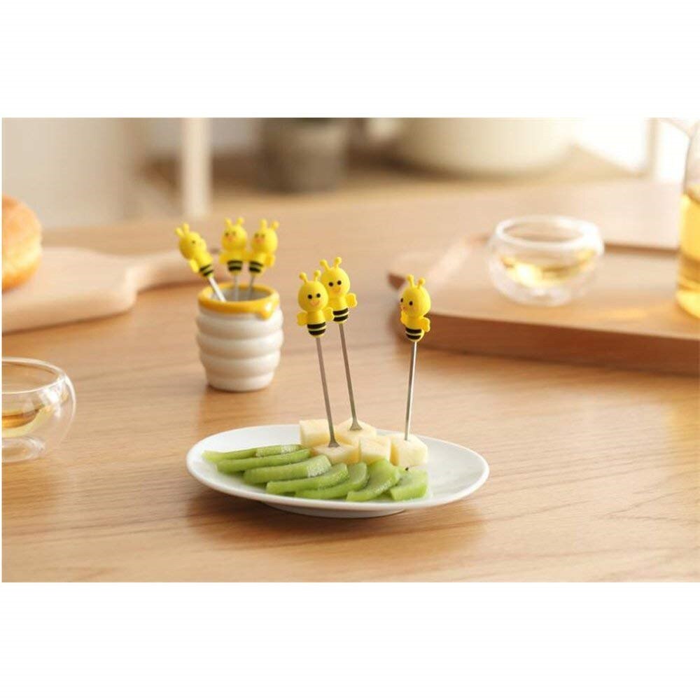 Fourchettes à fruits et abeilles mignonnes avec Pot en céramique | En acier inoxydable, Mini fourchettes à gâteaux et desserts en acier inoxydable, accessoires de cuisine pratiques 6 pièces