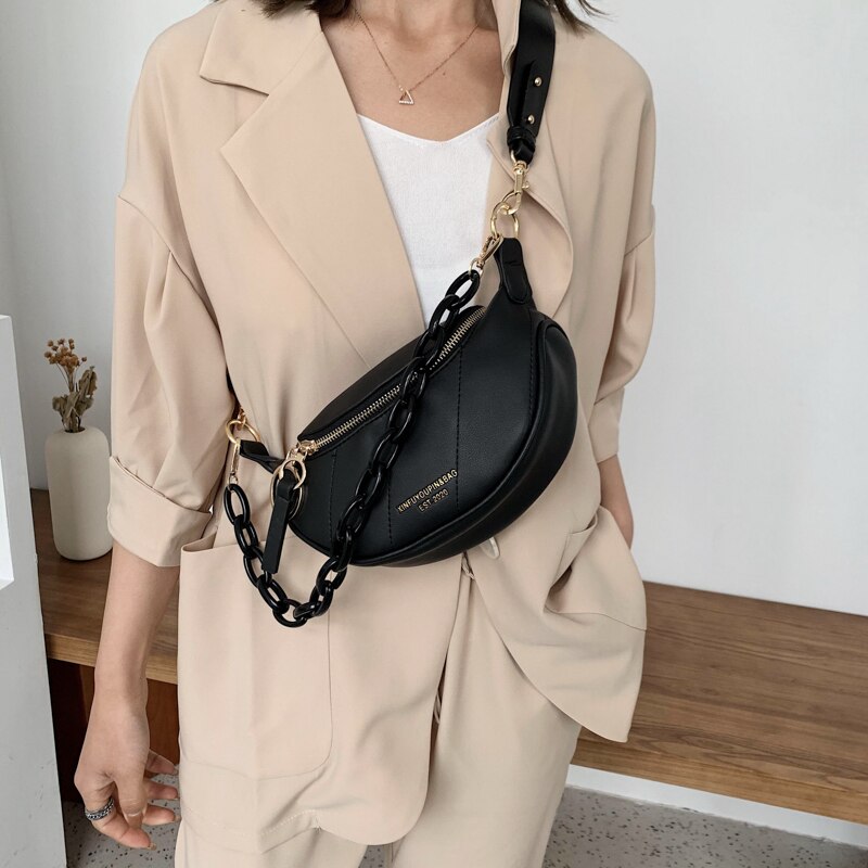 in Messenger Bag Women Hobos Letter Chains Single Shoulder Chest Pu Leather Handbag Wide Straps Day Clutches