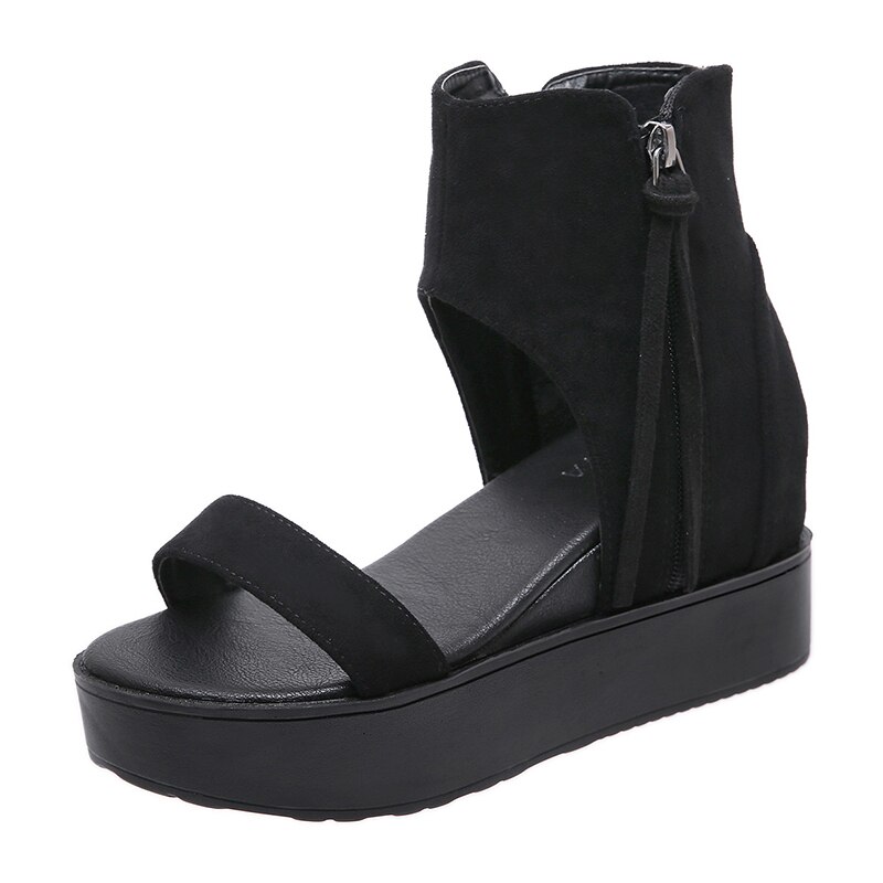 Gdgydh frange femmes sandales romaines sur les chaussures compensées plate-forme pour l'été noir daim talons épais sandales de plage: 5.5