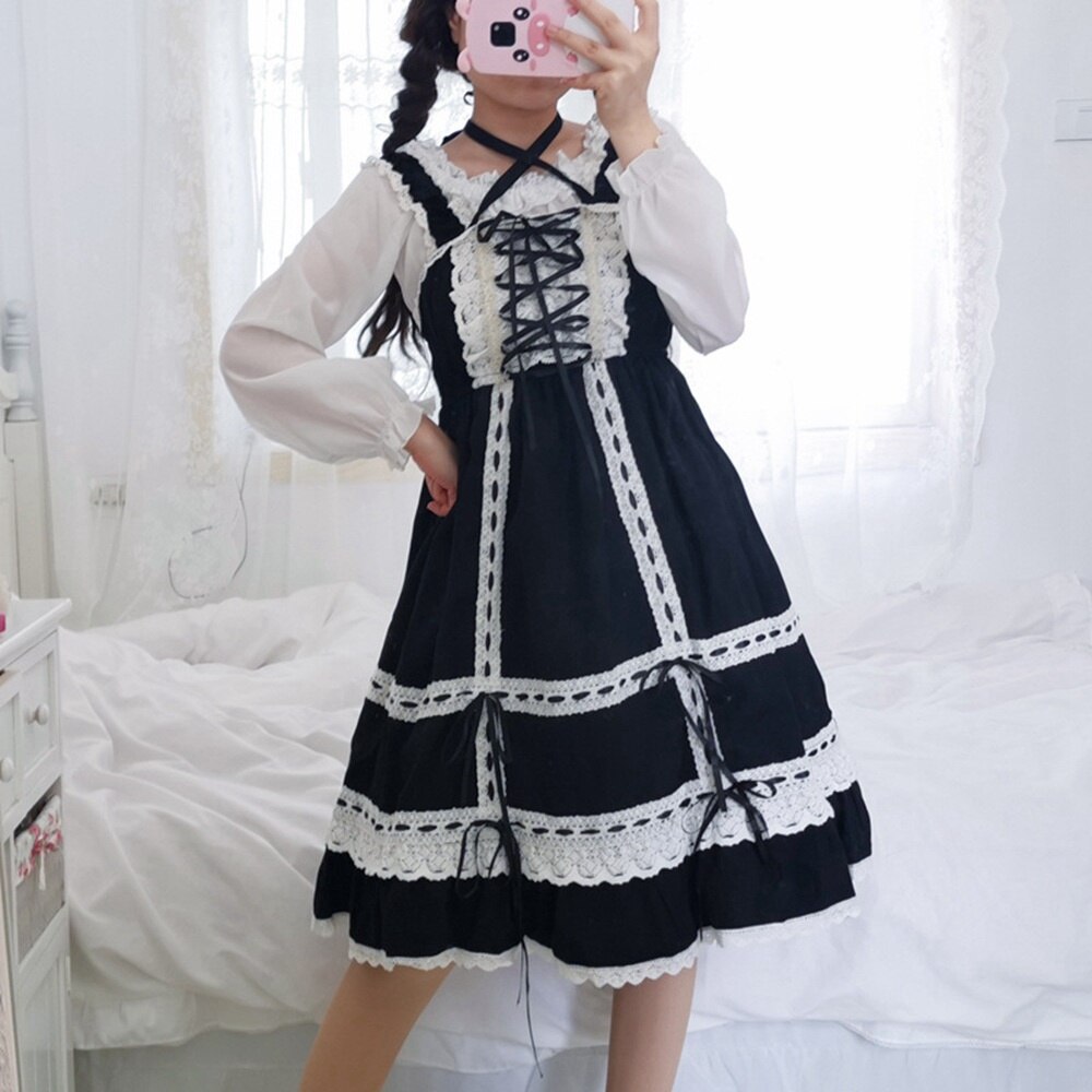 Lolita Princess Dress Sweet Ruffle JSK Dresses Lace UP Loli Straped Dress Kawaii Girl Women Vestidos With Headband AFC769