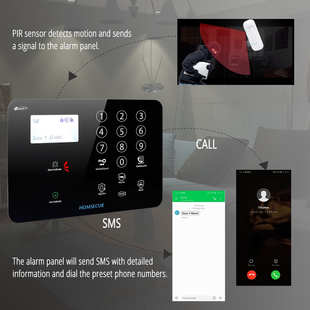 HOMSECUR DIY Wireless&wired 4G/GSM LCD Burglar Intruder Alarm System+IOS/Android APP for Home Security GA01-4G-B/W
