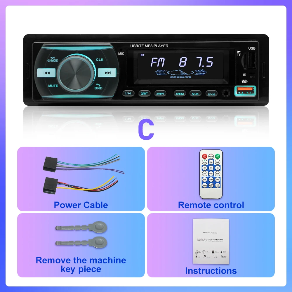Reproductor MP3 de Radio para coche, sintonizador FM, estéreo, USB, Audio para coche, estéreo, SD, TF, USB, reproductor Multimedia, Autoradio, Control remoto, Bluetooth, 1 din: Gris