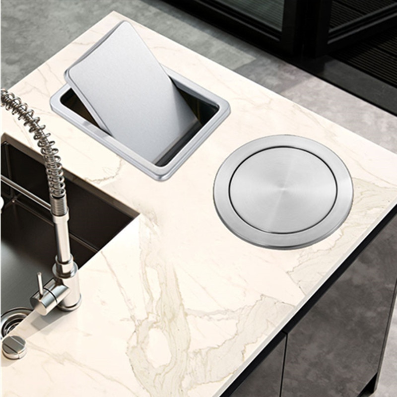 Kitchen Bar Built-in Trash Can Cover Flush Recessed Dustbin Trash Bin Lid Invisible Stainless Steel Rubbish Bins Covers High-Q