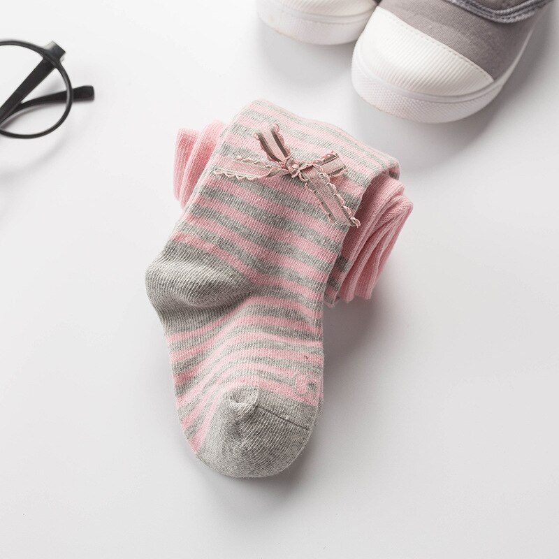 Herfst Kinderen Panty panty Gestreepte Baby Peuter Meisjes Boog-knoop Panty panty Katoen Kinderen Meisje Panty Kousen: pink grey / 2-4 years old