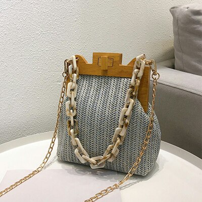 Moda palha tecer clipe de madeira saco de ombro das mulheres luxo acrílico corrente bolsa feminina designer pequena concha bolsa feminina nova: Blue