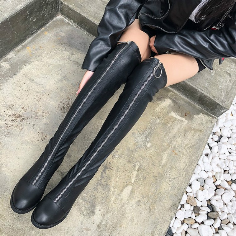 Botas por encima de la rodilla para mujer, invierno, estiramiento fino, parte inferior plana, bota ajustada para mujer con cremallera frontal, además de zapatos de terciopelo para mujer