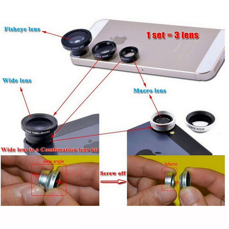 3 in 1 mobile phone lenses fish eye +wide angle +macro camera lens for iphone 7 6s plus 5s/5 xiaomi huawei samsung