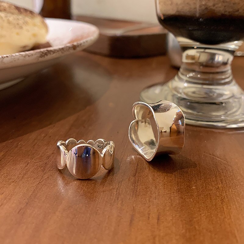 Foxanry 925 Sterling Silver Party Rings for Women Vintage Handmade Irregular Wave Geometric Thai Silver Jewelry