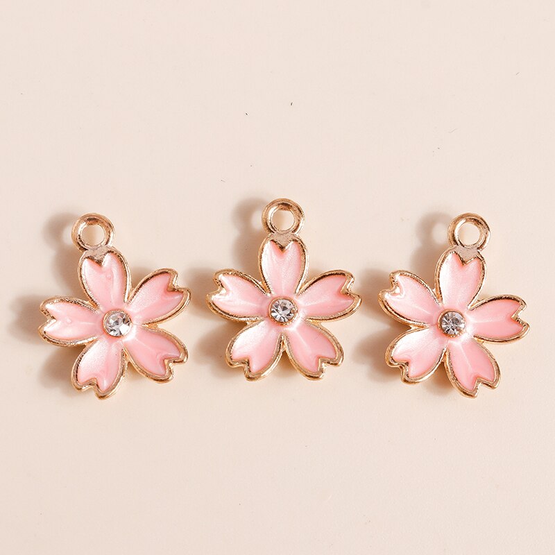 Dijes de flores de cristal rosa para fabricación de joyas, abalorios de plantas de aleación esmaltada para collar y pendientes, 10 piezas, 14x17mm