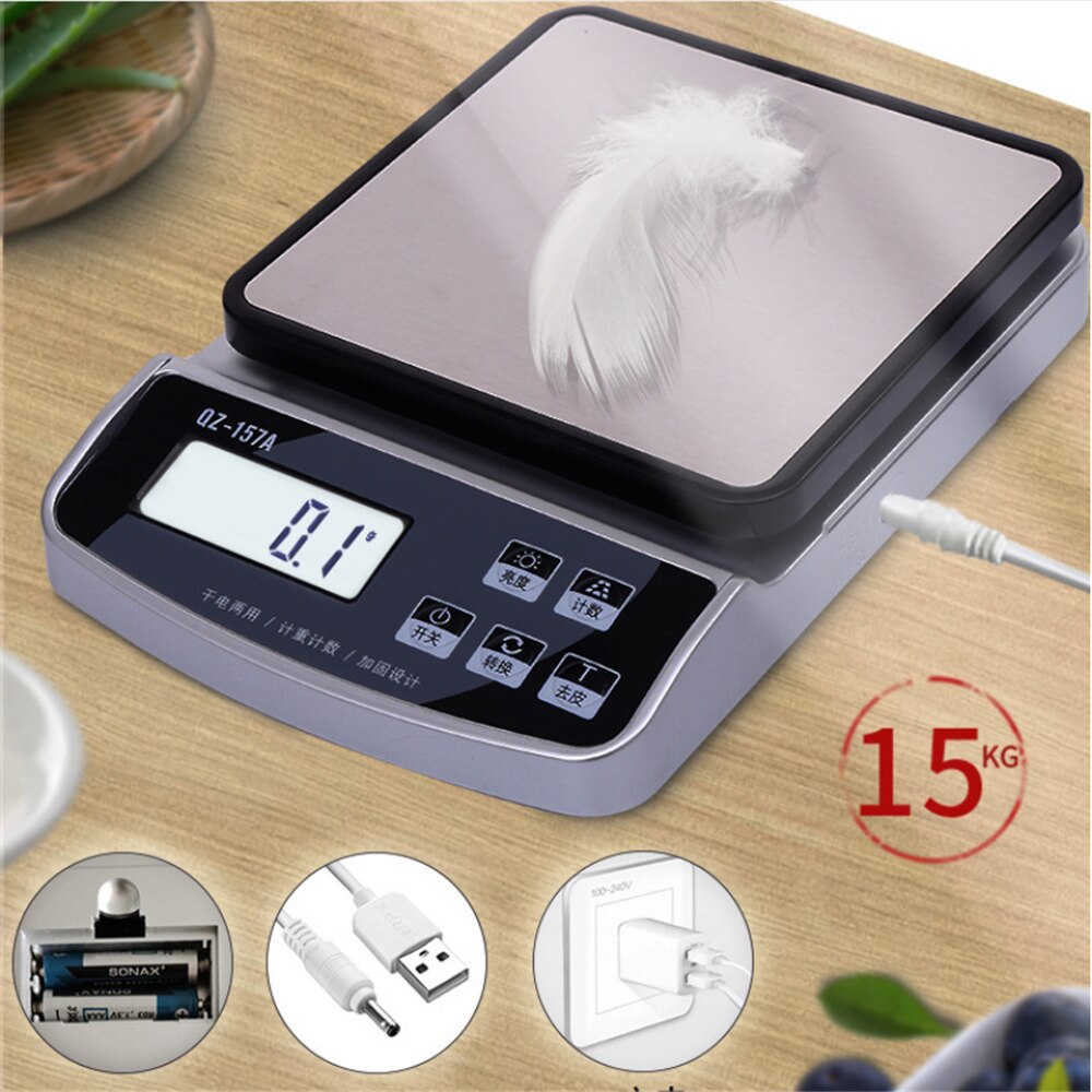 Kitchen Scale fit in USB Charge/plug-in/battery 15KG/1g Waterproof Electronic Scale Digital Coffee Scale Household Baking Scale